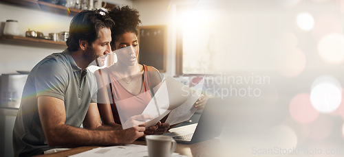 Image of Laptop, space and an interracial couple in their home for budget planning or finance investment accounting. Documents, mockup or banner with a man and woman reading bank information for savings