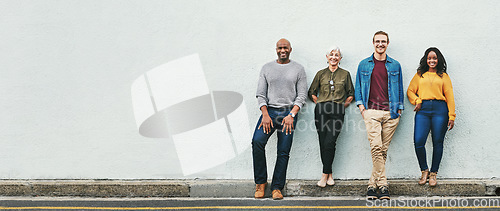 Image of Banner, diversity and business people by wall for career, professional workforce and happiness. Collaboration, together and solidarity with international support for teamwork, community and success