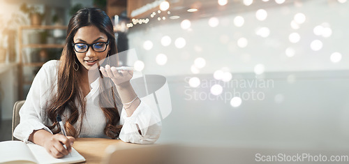 Image of Business, banner and woman with phone call, writing and notebook with speaker, connection and conversation. Person, entrepreneur and freelancer with communication, smartphone and app with planning