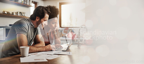 Image of Laptop, space and an interracial couple in their home for investment planning, finance budget or accounting. Computer, mock up or banner with a man and woman reading bank information for savings