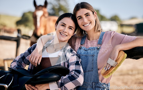 Image of Horse, friends and portrait of women with saddle and brush for animal care, farm pet on ranch. Farming, countryside and happy people hug with stallion for bonding, relax and adventure outdoors