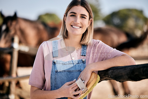 Image of Horse, portrait and woman with brush on ranch for animal, farm pet and grooming in countryside. Farming, cleaning and person with stallion for brushing mane for wellness, healthy livestock and care