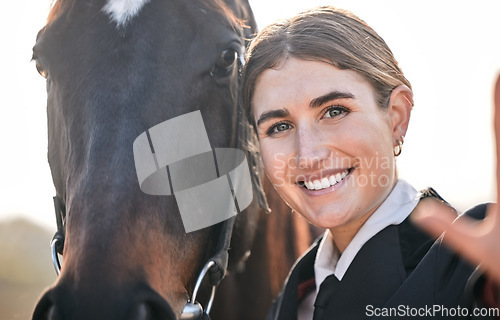 Image of Selfie, equestrian and a woman with her horse on a ranch for sports, training or a leisure hobby. Portrait, smile or competition and a happy young rider in uniform with her stallion or mare outdoor