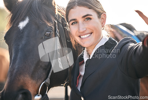 Image of Selfie, horse riding and a woman with her animal on a ranch for sports, training or a leisure hobby. Portrait, smile or equestrian and a happy young stable rider in uniform outdoor for competition