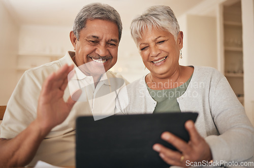 Image of Home, video call and senior couple with a tablet, hello and greeting with communication, connection and speaking. Internet, happy old man and elderly woman with technology, conversation and waving