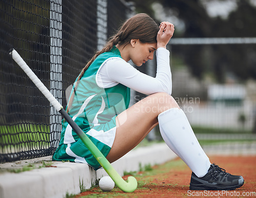 Image of Player, headache and woman with burnout, hockey and anxiety with fitness, mistake and depression. Person, athlete and girl outdoor, migraine and stress with mental health, lose and sports with injury