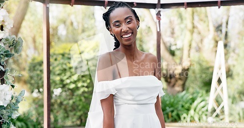 Image of Wedding, portrait of bride with smile in gazebo with garden for celebration of love, future and commitment. Outdoor marriage, flowers and plants, happy black woman in nature, sunshine and park event.