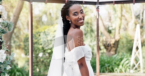 Image of Wedding in garden, bride with smile in gazebo with flowers for celebration of love, future and commitment. Outdoor marriage, ceremony and happy black woman in with nature, sunshine and floral event.