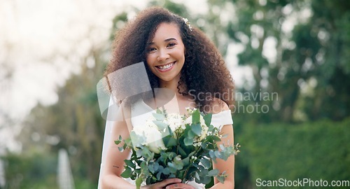 Image of Wedding in garden, portrait of bride with flower bouquet and smile for celebration of love, future and commitment. Outdoor marriage ceremony, excited and happy woman with plants, nature and beauty.