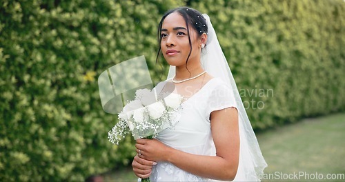 Image of Wedding in garden, portrait of bride with bouquet of roses and smile for celebration of love, future and commitment. Outdoor marriage ceremony, excited and happy woman with flowers, nature and beauty