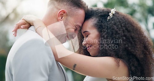 Image of Wedding, couple and love dancing outdoor together with happiness for celebration, care and commitment. Marriage, man and woman moving with hug, bride and groom embrace for first dance in nature