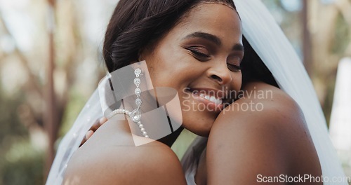 Image of Lesbian, marriage and couple hug at wedding for commitment, love celebration and ceremony. Relationship, African and women dance for lgbt, queer and gay romance for connection, care and bonding