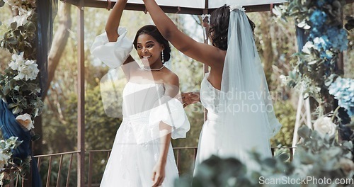 Image of Lesbian, marriage and couple dance at wedding for commitment, celebration and ceremony. Love, African women and brides dancing for lgbt, queer and gay romance for relationship, care and bonding