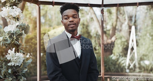 Image of Wedding, black man and groom waiting outdoor with anxiety, stress and happy for ceremony or commitment in nature. Marriage, person and formal getting ready in aisle for partner with tuxedo and style