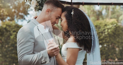 Image of Couple, wedding and dancing with touch, countryside and commitment in celebration, love and smile. Interracial marriage, fashion and happy in outdoor, peace and romance of union and trust