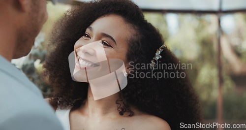 Image of Love, dancing and bride at wedding for commitment and in celebration at a outdoor marriage ceremony or event for trust. Husband, wife and happy woman with smile and care for partner together