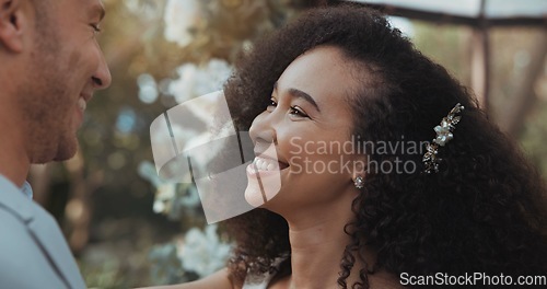 Image of Love, dancing and bride at wedding for commitment and in celebration at a outdoor marriage ceremony or event for trust. Husband, wife and happy woman with smile and care for partner together