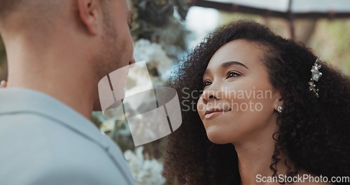 Image of Love, dancing and couple at wedding for commitment and in celebration at a outdoor marriage ceremony or event for trust. Husband, wife and happy woman with smile and care for partner together