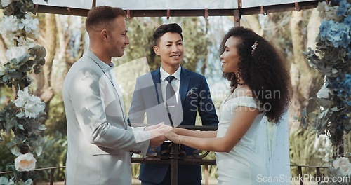 Image of Love, dancing and couple at marriage for commitment and in celebration at a outdoor wedding ceremony or event for trust. Husband, wife and happy woman with smile and care for partner together