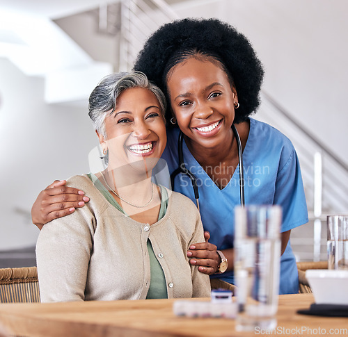 Image of Portrait, smile and assisted living caregiver with an old woman in the living room of a home together. Healthcare, support or community with a happy nurse or volunteer and senior patient in a house