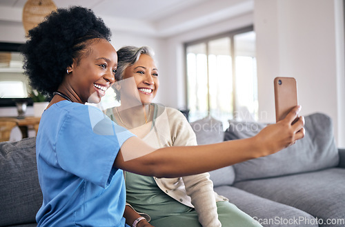 Image of Selfie, phone and assisted living nurse with an old woman in the home living room together. Profile picture, support or community with a happy caregiver or volunteer and senior patient in a house