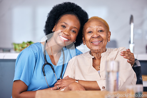 Image of Portrait, smile and assisted living caregiver with an old woman in a retirement home together. Healthcare, support or community with a happy nurse or volunteer and senior patient hugging in a house