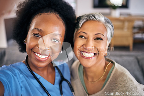 Image of Selfie, smile and assisted living caregiver with an old woman in the living room of a home together. Portrait, support or community with a happy nurse or volunteer and senior patient in a house