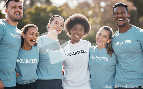 Image of Portrait, hug and volunteer group with a smile, outdoor and nature with community, climate activist and support. Face, people and leader outside, environment and teamwork with care and sustainability