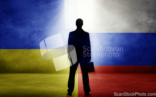 Image of Business man, Ukraine and Russia flag for deal, choice and immigration from warzone with sanction. Politics, government and finance crisis in trading war, global conflict and entrepreneur silhouette