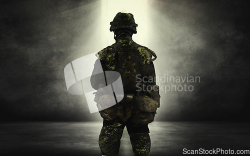 Image of Soldier, back and ready for war, battlefield or fight for nation, government or land in Ukraine. Military agent, army service person and conflict in warzone for freedom, justice or courage on mission