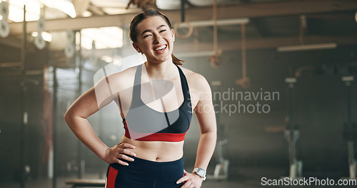 Image of Gym, face and happy woman with positive attitude, mindset and laughing after training routine. Portrait, smile and lady athlete at sports center confident, ready and enjoy fitness or health lifestyle