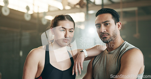 Image of Fitness, friends and face in gym with confidence, workout and exercise class. Diversity, young people and wellness portrait of serious athlete with coach ready for training and sport at a health club