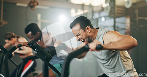 Image of People, diversity and cycling at gym in fitness, workout or intense cardio exercise together and motivation. Diverse group burning sweat on bicycle machine for healthy body, wellness or lose weight