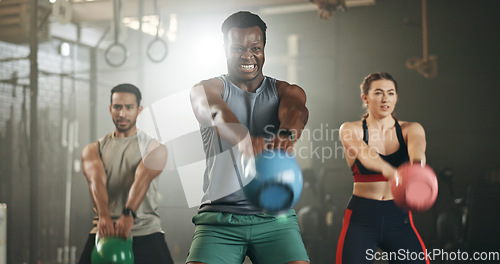 Image of People, fitness and squat at gym with kettlebell in workout class, exercise or training together. Personal trainer with active group in sports, lose weight or muscle endurance at indoor health club