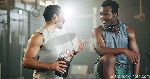 Image of Happy man, friends and high five in fitness, workout or exercise in teamwork, motivation or gym together. People touching hands in success for sports training, healthy wellness or team in body goals