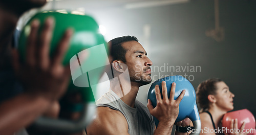 Image of Gym, group fitness and kettlebell squat exercise for power, sports challenge and muscle. Serious asian man, bodybuilder and heavy weights for training in health club, workout class and strong friends