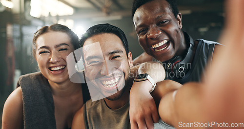 Image of Happy people, friends and selfie in fitness, photography or memory together after workout at gym. Portrait of group smile in happiness for photograph, picture or social media at indoor health club