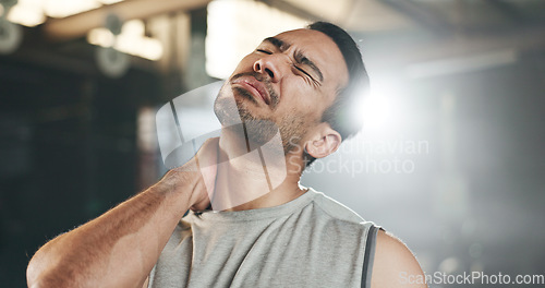 Image of Fitness, neck pain and face of man at gym for training with muscle, problem or arthritis. Sports, injury and guy athlete with shoulder, joint or massage for backache, fibromyalgia or osteoporosis