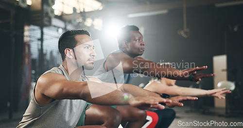 Image of Gym, group of people in class for muscle building endurance, strong body and balance power in fitness. Commitment, men and woman with personal trainer for workout, motivation and exercise challenge.