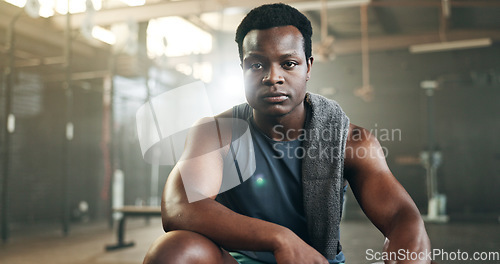 Image of Face, gym and black man with fitness, exercise and endurance training with wellness, health and progress. Portrait, African person or guy with workout, relax and confidence with sports or bodybuilder