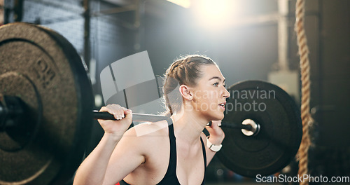 Image of Woman at gym, weight lifting and barbell for muscle building endurance, strong body and balance power in fitness. Commitment, motivation and bodybuilder in workout challenge for health and wellness.