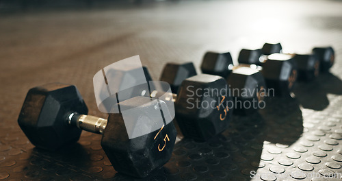 Image of Fitness, background and dumbbells in empty gym for exercise, bodybuilding workout and sports training. Closeup of heavy steel weights, equipment and iron on floor in wellness club for muscle power