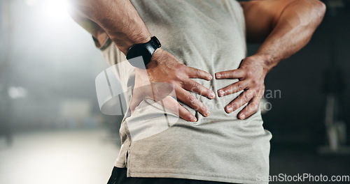 Image of Fitness, back pain and hands of man at gym for training with muscle, problem or arthritis. Sports, injury and guy athlete with joint massage for backache, fibromyalgia or osteoporosis accident