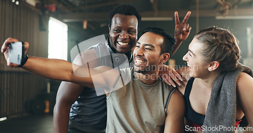 Image of Selfie, motivation and fitness with friends at gym for social media, workout and health. Support, profile picture and wellness with people and training for teamwork, photography and exercise together