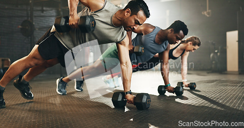 Image of Gym, group and dumbbell rowing exercise for power, muscle and challenge in workout class. Diversity of strong people, bodybuilding and push up with weights for fitness, healthy training and action