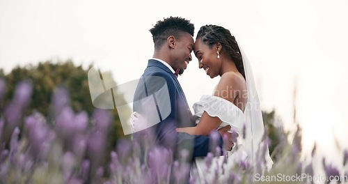 Image of Wedding, bride and groom hug in a field, dancing and celebration of love with happiness and commitment. Marriage, trust and black people in relationship, event and nature with love and care outdoor