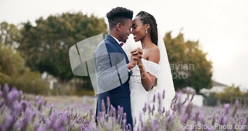 Image of Wedding, dancing and black couple in garden for reception, celebration and excited future together. Gazebo, man and woman with smile at marriage with flowers, music and happiness at party in nature.