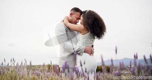 Image of Outdoor, hug and couple with celebration, wedding and romance with marriage, happiness and countryside. Man, happy woman and embrace with commitment, love and bride with groom, summer and romantic