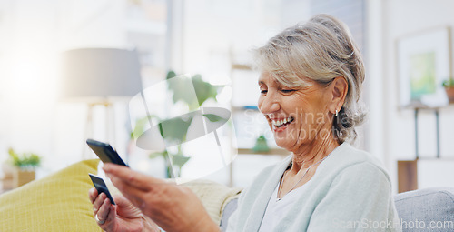 Image of Happy, phone or old woman online shopping with credit card for discount sale on digital fintech website. Financial ecommerce payment, smile or excited elderly person on sofa internet banking at home