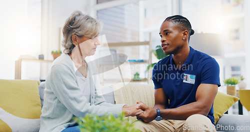 Image of Black man, caregiver or old woman holding hands for support or empathy in cancer rehabilitation. Medical healthcare advice, senior person or male nurse nursing, talking or helping elderly patient